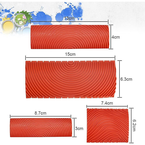 4 st Gummi Trä Korn Verktyg Gummi Målning Verktyg Kam Faux Trä Diy Imitation Färg Rollers För Möbler Väggdekor (röd)