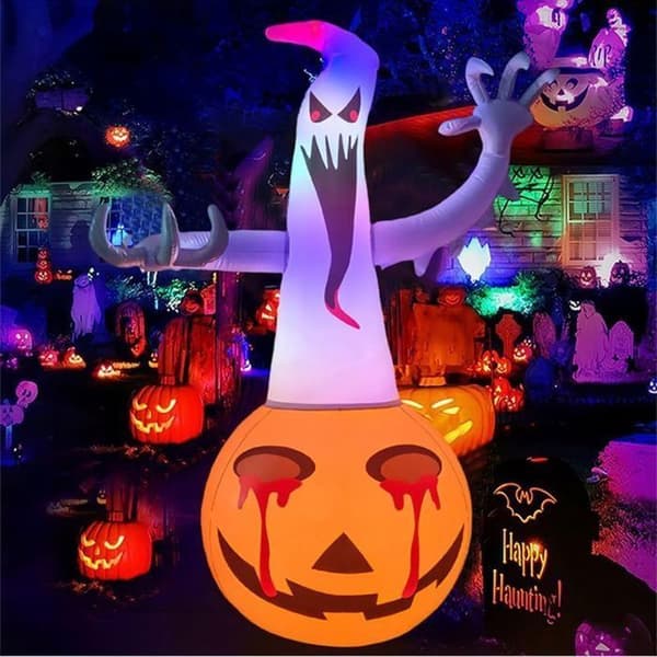 Oppustelig Halloween-dekoration - WINLLINEE - Græskar med spøgelse - Til have, gård, græsplæne, terrasse