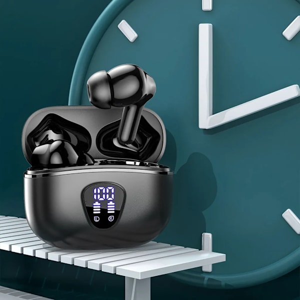 Trådlösa Bluetooth 5.3 in-ear-hörlurar, brusreducerande mikrofonheadset, IP7 vattentät, touch-kontroll, svart