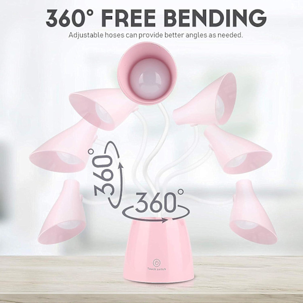 Dimbar LED-skrivbordslampa - 24 LED-lampor - Ögonvänlig 3 ljusstyrkenivåer - USB-laddningsbar - Pekswitch - Skrivbordslampa för barn - Läsning, studier - Rosa