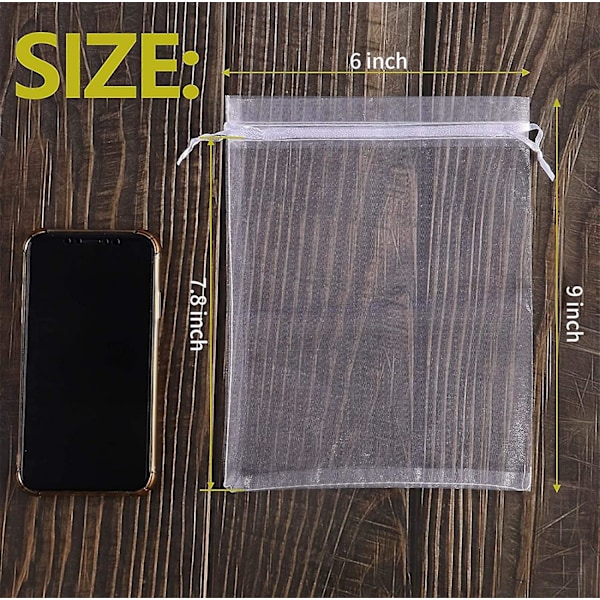 50 stk. Organzaposer 6x9 tommer Snøregaveposer Mesh Gaveposer Hvid Sheer