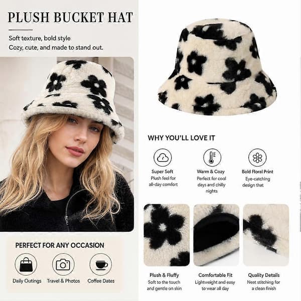 Blomstret bøllehat i plys, varm fiskerhat til kvinder, polyester, 58 cm Blue