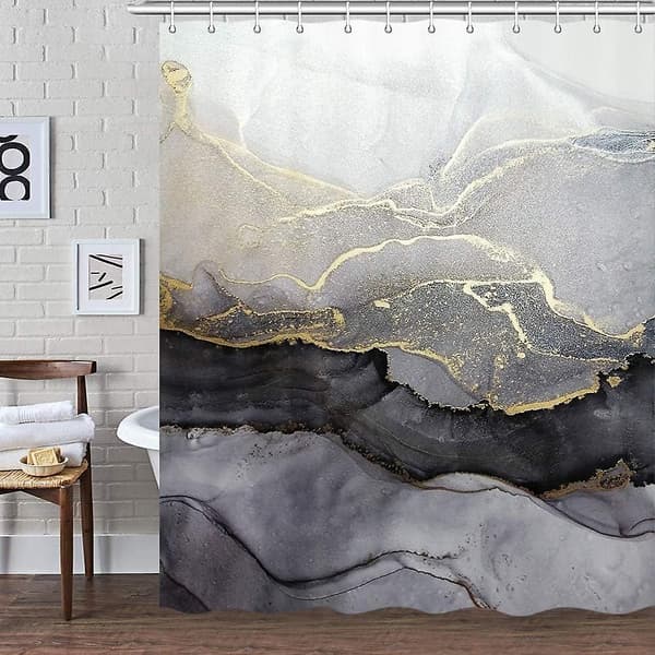 Marmor duschdraperi för badrum, abstrakt modern svart och guld tyg duschdraperi set, cool rest