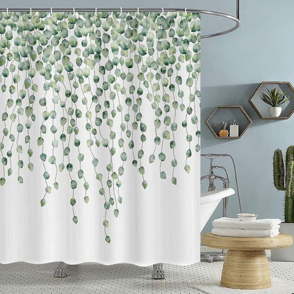 Grön botanisk blad duschdraperi för badrum, duschdraperi set i äkta eukalyptusblad botanisk print tyg