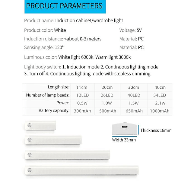 Led-lys menneskelig kroppssensorlys skaplys nattlys intelligent sensorlampe oppladbar induksjonsskaplys skaplyslys Se