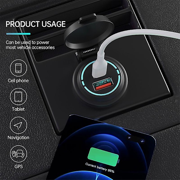 Usb-billadapter för bil, snabbladdning, dubbla portar, modifierad, typ-c + usb