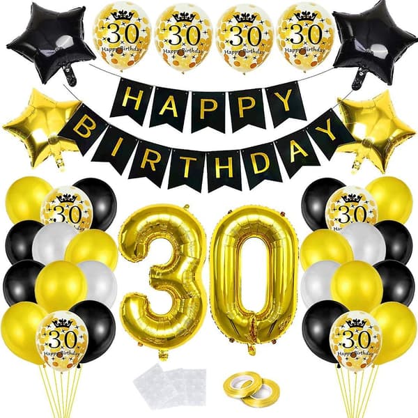 30-årsdagsvurdering i sort gull - Banner, ballonger og mer