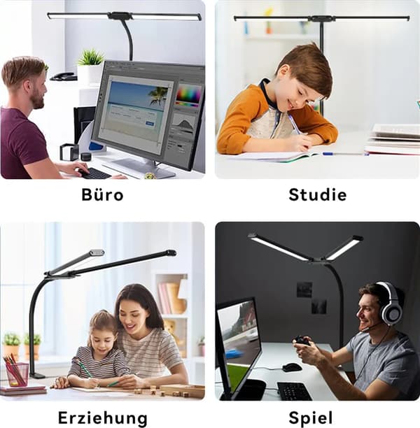 Dobbelthodet LED-skrivebordslampe, trinnløs dimbar, USB-bordlampe