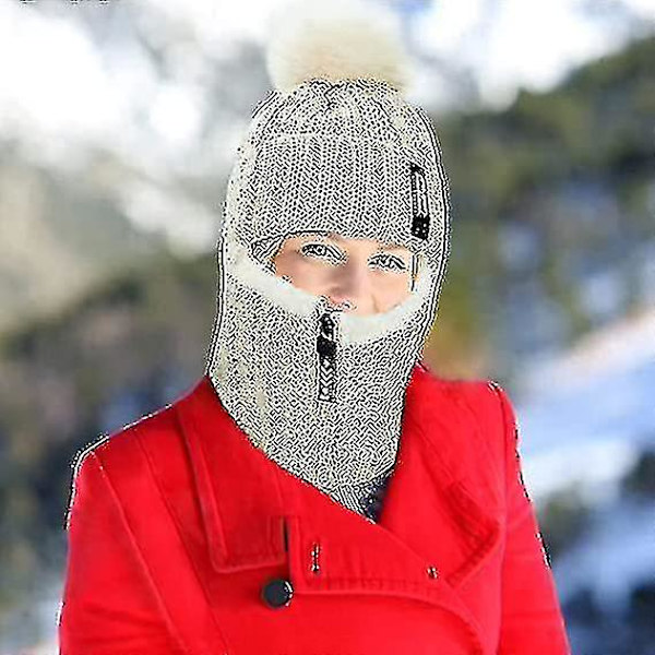 Vinter Siamese Vindtät Mössa Stickad Cirkel Halsduk Krage Mössa Termisk Fleece Fodrad Slouchy Tjock Mjuk Stretch Vinter Mössor Varmt Öra Ansikte Skydd För