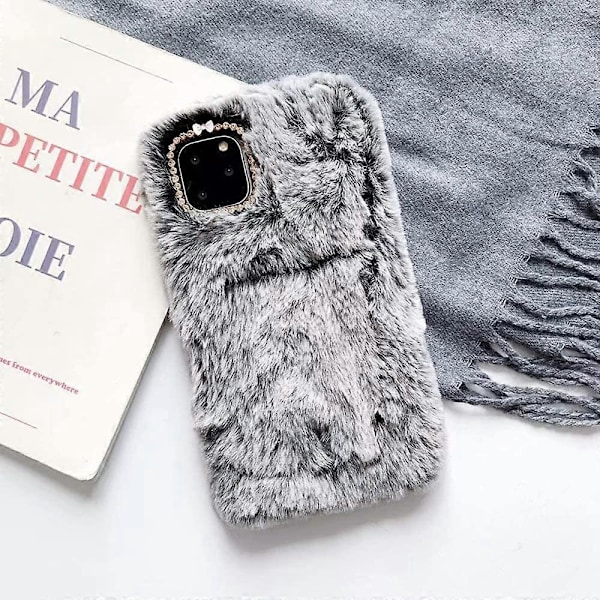 Plush Plånboksfodral Kompatibelt med iPhone 11, Bling Diamant Fluffig Mjuk Päls TPU-fodral Plånboksöverdrag med Kortfack för Flickor Kvinnor (Plånboksgrå, iP