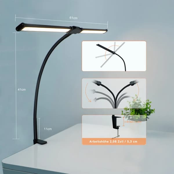 Dobbelthodet LED-skrivebordslampe, trinnløs dimbar, USB-bordlampe