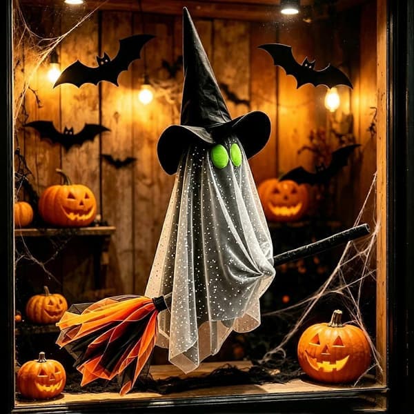 Halloween Hængende Heksespøgelse med Kost i Net til Udendørs Dekoration Black Net fabric style