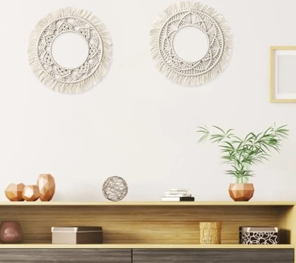Pyöreä makramee seinäkoriste Boho käsintehty kudottu seinävaate seinätaidekoristeet