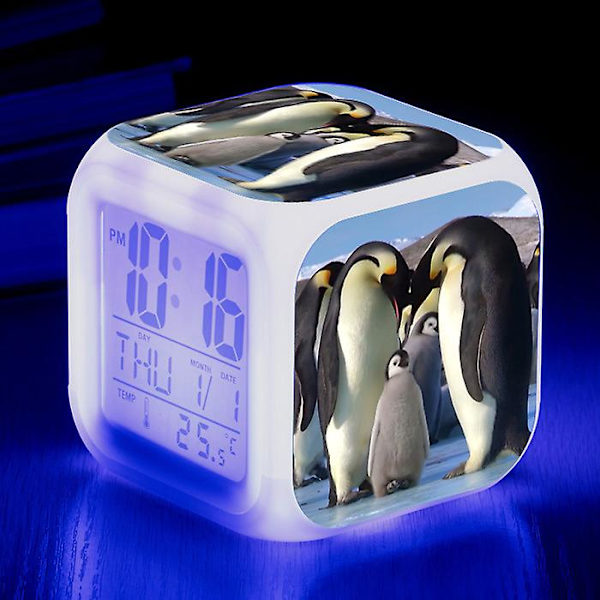 Dww-väckarklocka Pingvinbild Ljus Väckarklocka USB Barn LED Klocka Cartoon Nattljus Flash 7 Färgförändrande Digital Klocka Skrivbordsklocka