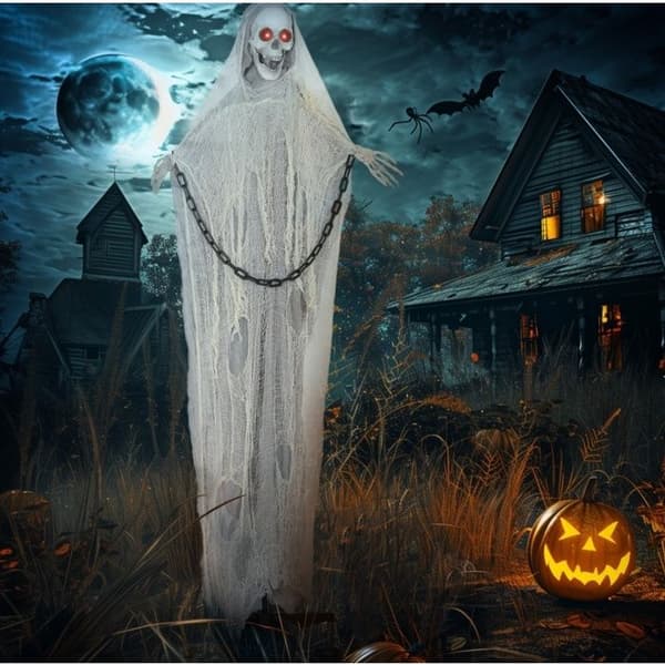 Animeret Grim Reaper Halloween-dekoration 183 cm – Røde LED-øjne, lyd, lydaktivering, grå