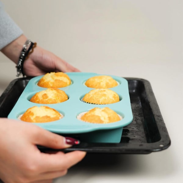 6-kopps silikon muffinsform nonstick cupcake-form med håndtaksdesign, flott for å bake kaker, terter, brød (grønn)