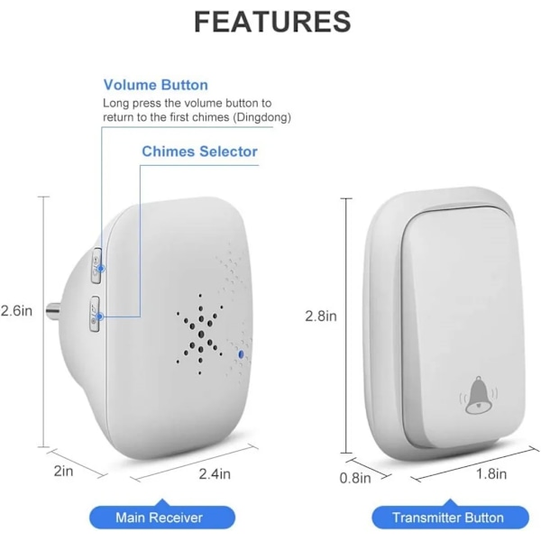 Trådlös dörrklocka, 38 ringsignaler, 4 volymnivåer och LED-blixt