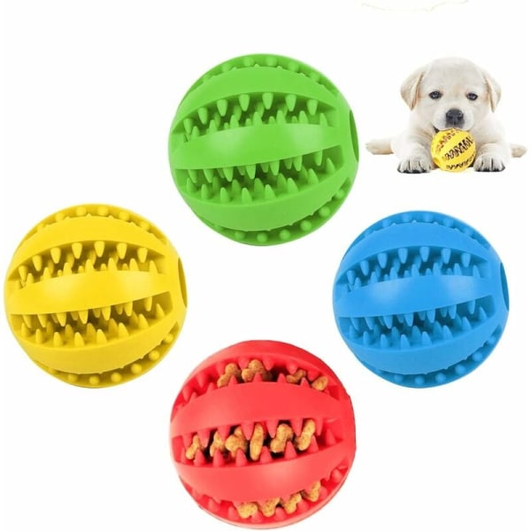 Hundboll, paket med 4 hundleksaker, robust gummiboll, hundlekboll, tuggleksak för medelstora och små hundar, rena tänder (mörkblå, grön, röd, gul)