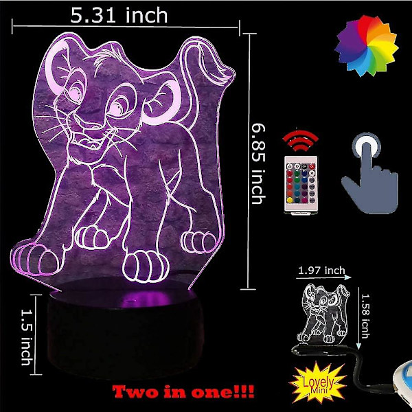 Tegneserie Simba Løve Kongen 3D LED Børne Natlys Flerfarvet USB Opladning Dyr Bord Optisk Illusion Lampe Soveværelse Dekoration