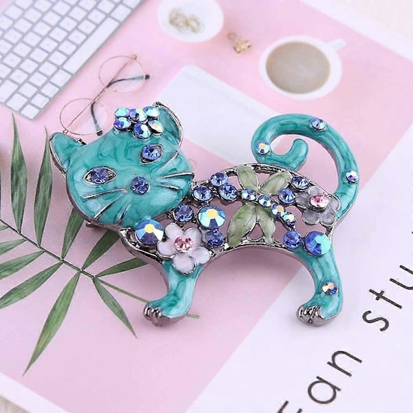 Söt Emalj Katt Brosch Elektropläterad Legering Rhinestone Blomma Djur Casual Brosch Nål Presenter (1st, Grön)