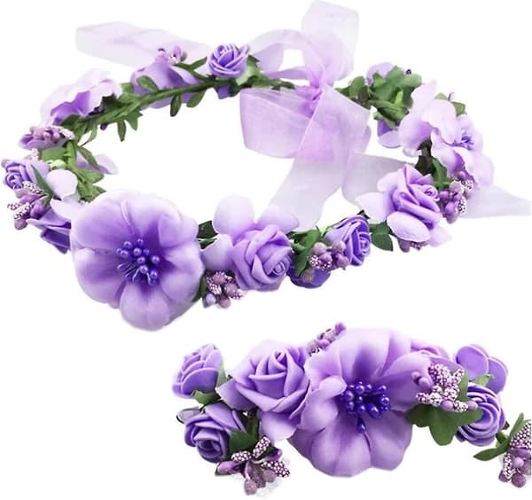 Justerbar bryllupsblomsterhodebåndkrans med blomsterarmbånd hårkrans krone dekorasjon (lys lilla)