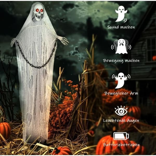 Halloween-dekorasjon skjelett-mann med røde LED-øyne og lydfunksjon - ELVMI - grå polyester stål 183 cm