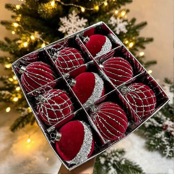Julgranskula i sammet - Flockad röd, grön och silverglittrig julkula, krossäker Red