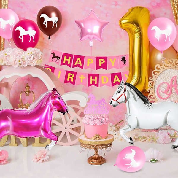 Rosa häst födelsedag dekoration - ballonger och grattis på födelsedagen banderoll