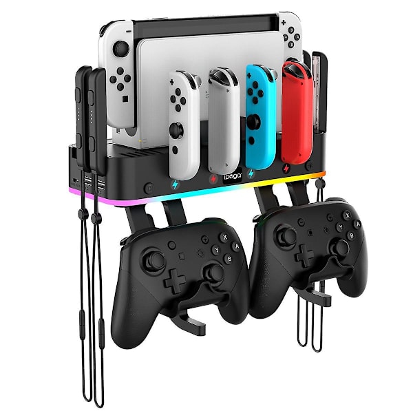 Väggmonterad laddare för Switch Host med flera funktioner, RGB-bländande färg, hängande laddare för Switch Host, väggfäste, NS-grepp, dockningsladdare (som visas)