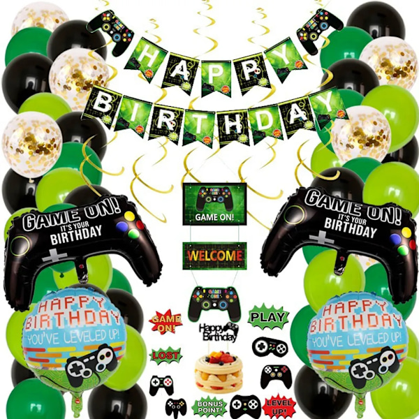 Video Game Party Supplies, Happy Birthday Gaming Banner & 2pcs Game on Controller Aluminum Foil Balloons Party Decorations for Kids Boys Party