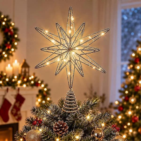 Juletretoppstjerne LED-belyst jerntråd glitter geometrisk batteridrevet silver