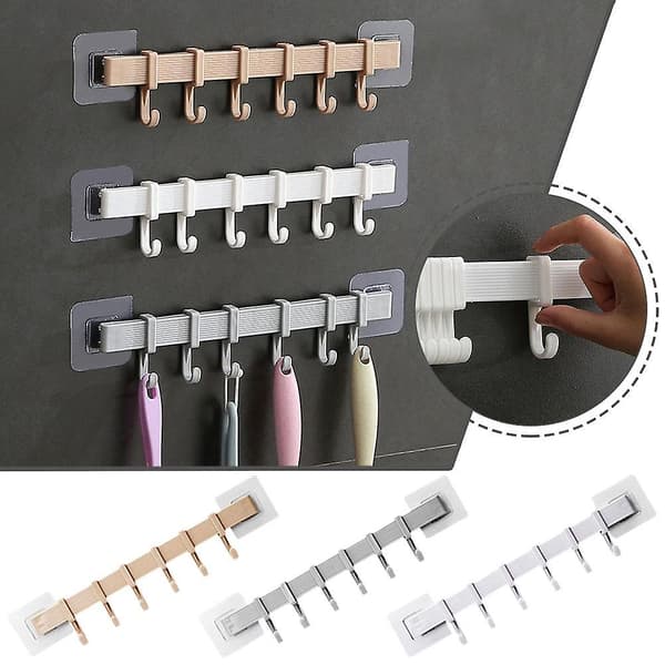 Non-marking Hook Wall Suction Plastic Six-row Hook For Kitchen Bathroom（Khaki）
