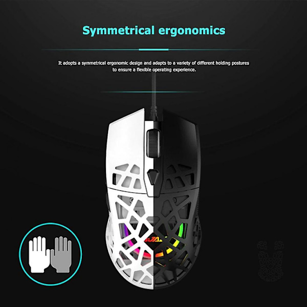 Lätt, symmetrisk, ergonomisk, RGB-bakgrundsbelyst, 6 hastigheter, 6200 dpi spelmus | Mus (svart)