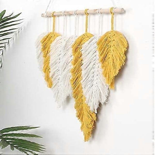 Handgjord Macrame Väggbonad Fjäder Boho Väggdekor Gul Chic Vävd Blad Tofsar Dekoration Bomullsdekorationer Gobeläng Rum Dekoration För Sovrum Liv