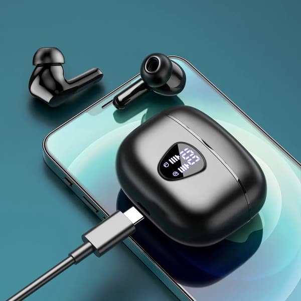 Trådløst Bluetooth 5.3 in-ear-headset, støydempende mikrofon-headset, IP7 vanntett, berøringskontroll, svart