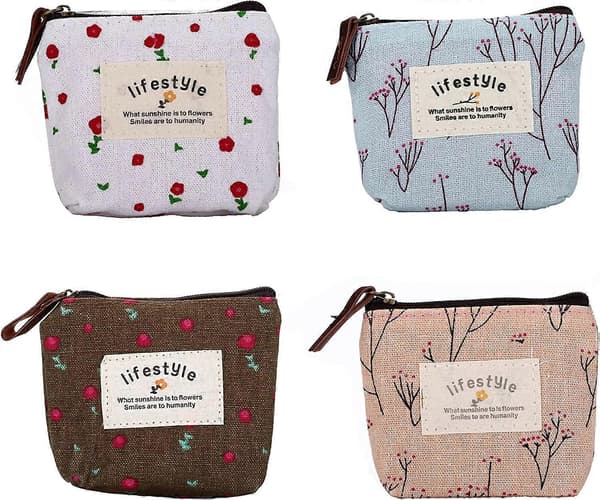 Söt Blommig Canvas Myntplånbok Liten Blixtlåsficka Väska Plånbok av , 4-pack