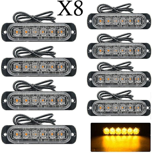 Nødstrobelys, 8 stk. 6 LED ravfarvede blinklys, 12/24v fareadvarselssignallamper til bil