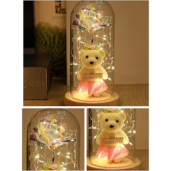 Galaxy Rose Flower Gave Fargerik Kunstig Rose med LED-strenglys Holder Rose For alltid i Glass Dome Bursdagsgaver