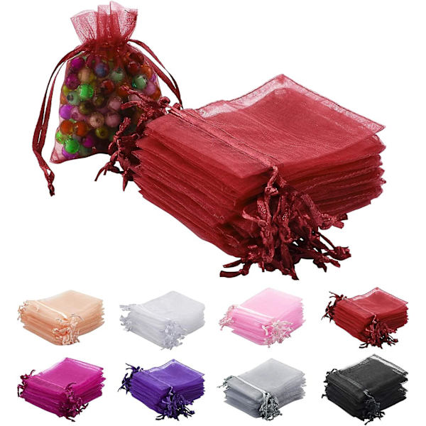 100 stk. Røde Organza Gaveposer 2x3 Tommer Gennemsigtige Gaveposer med Snøre Smykkeposer