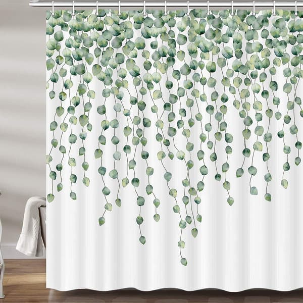 Grön botanisk blad duschdraperi för badrum, duschdraperi set i äkta eukalyptusblad botanisk print tyg
