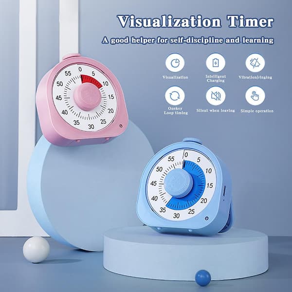 Genopladelig visuel timer Multifunktionel bagealarmur Børn arbejde studie tidshåndtering（Pink）