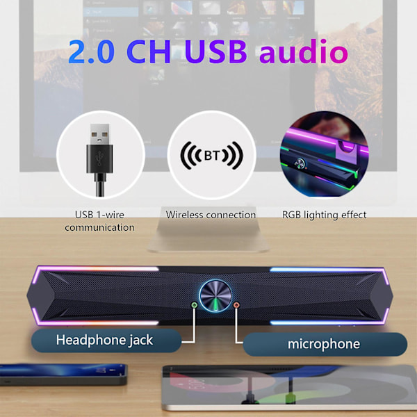 Computer Bluetooth-højttaler med dobbelte højttalere, RGB-lys, subwoofer, stereo surround, USB-stereo, computer, tv, universelt lydsystem