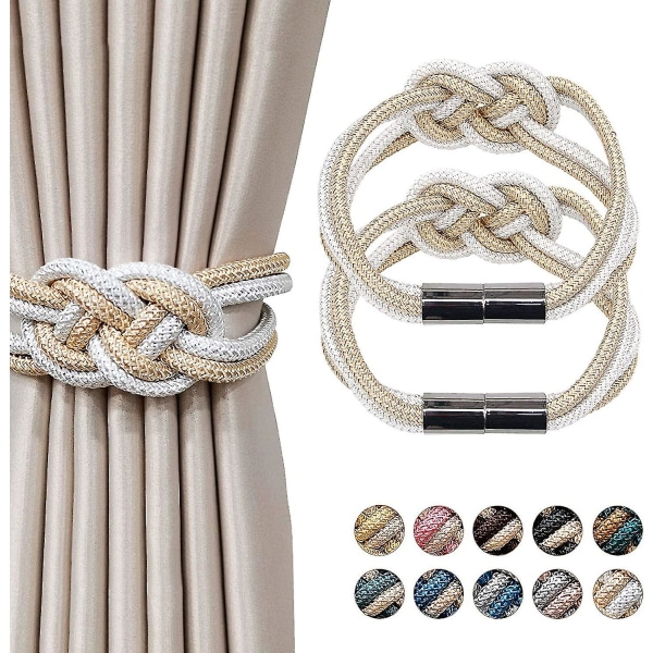 Beige och vit 2-pack Stark magnetisk gardinbindning Uppgradera nordisk enkel stil Draperad ryggknyt Dubbelfärgad Vävning Rep Knot Dekorativt
