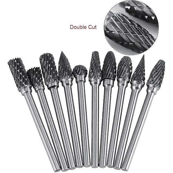 Borrchuck Carbide Frässet Tungsten Stål Rotationsfiler 10st Diameter Fräshuvud För 3mm Fräs, 6mm Skaft