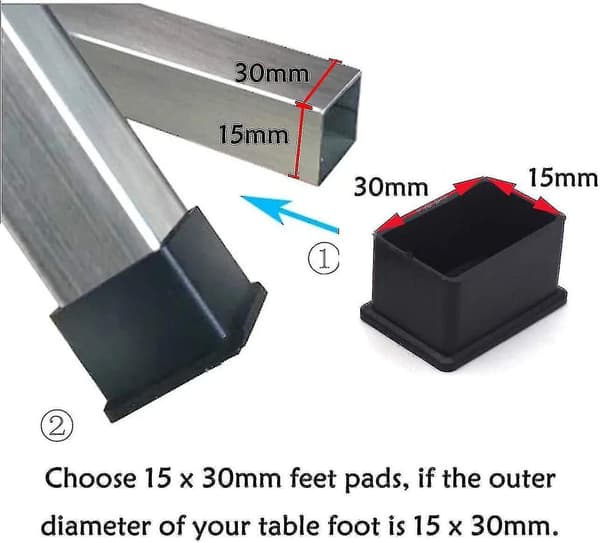 12-pack 15 x 30 mm svarta rektangulära gummifiltskydd för bord eller stolsben YVE