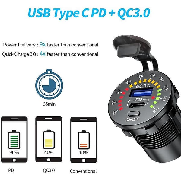 Biloplader Oplader Bil Qc3.0 Usb Type C Hurtigoplader Voltmeter Led-afbryder