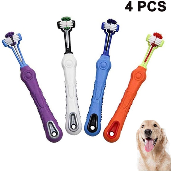 Tandbørste til kæledyr Tresidet hundekattetandbørste tilføjer dårlig ånde tandsten Tandpleje Hund kat blå + lilla + hvid + orange