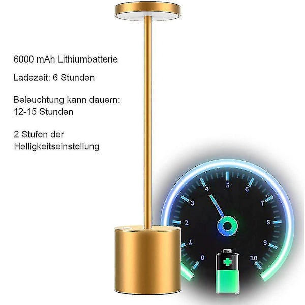 Langaton pöytälamppu, 6000 mAh ladattava akku, 2 kirkkaustasoa, metallinen yöpöytälamppu, olohuoneeseen, makuuhuoneeseen, toimistoon, studioon