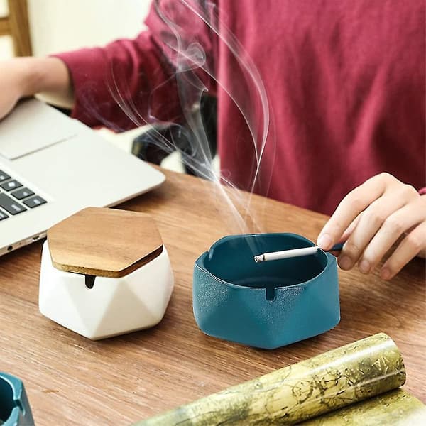 Keramisk askkopp med lock, vindtät design och geometrisk form (GRÖN)