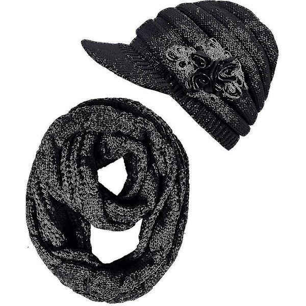 Dam Beanie Mössa Halsduk Set Vinter Varma Tjocka Stickade Slouchy Skull Cap Infinity